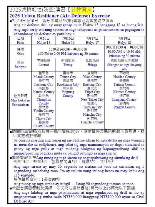 📢國防部全民防衛動員署檢送2025城鎮韌性（防空）演習多國語言文宣資料📢(另開新視窗/jpg檔)圖片